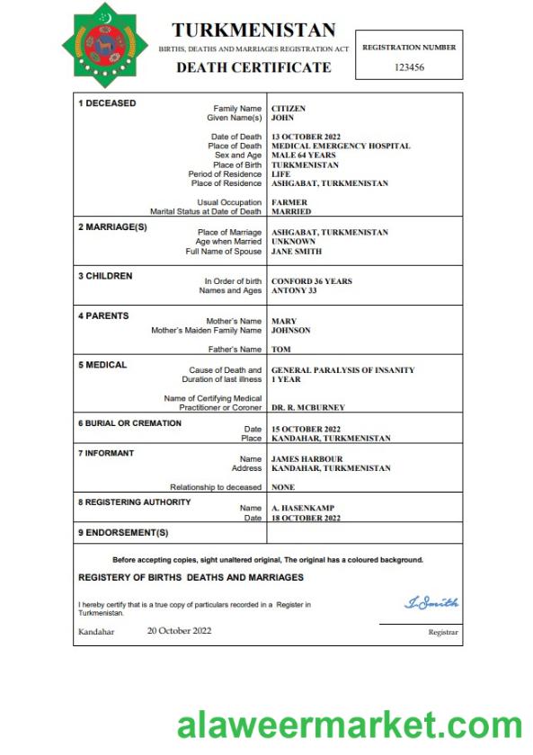 Turkmenistan death certificate Word and PDF template